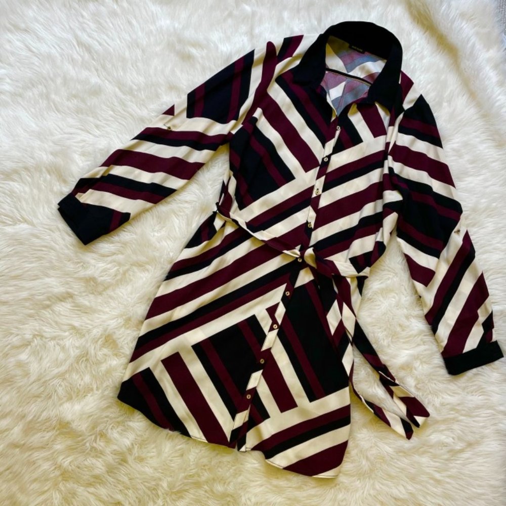 NWOT River Island Burgundy, black, white stripe belted Shirt Dress, UK16 Us12/14